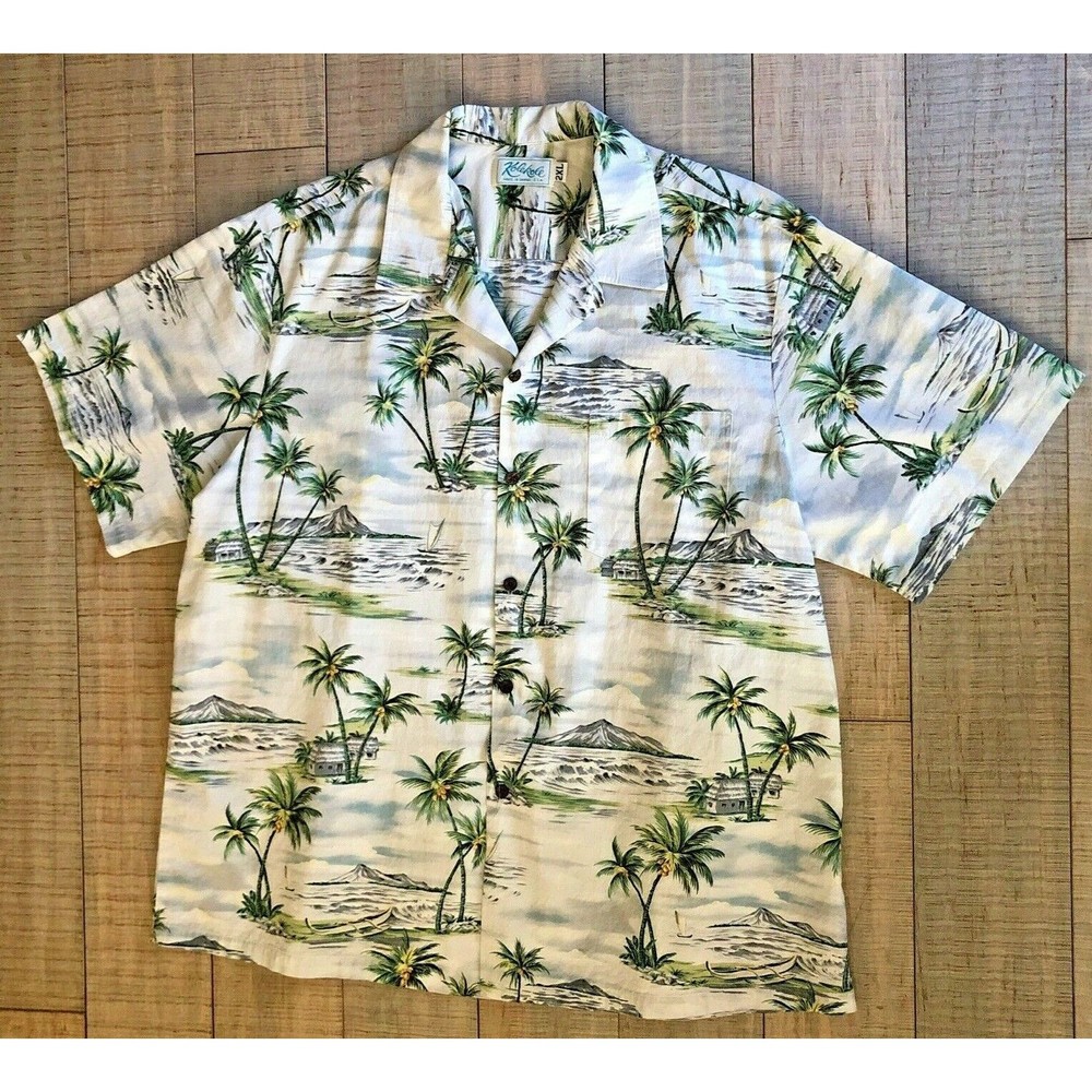 Hawaiian Shirt Palms Volcanos Canoe Aloha Shirt Vintage KOLE KOLE USA Sz 2XL